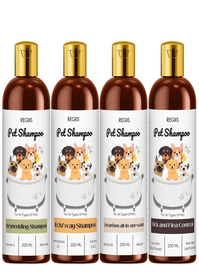 REGIIS Pet Shampoo Set, 4 Pack Dog Shampoo Collection, Deshedding, Itch/Allergy, Luxurious All-in-One, Tick and Flea Control, 200 ML Each(4 Pack) - Image 1